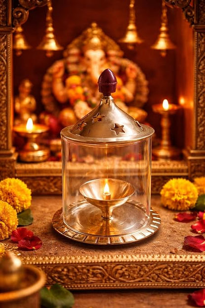 Brass and Glass Akhand Diya Puja Oil Lamp