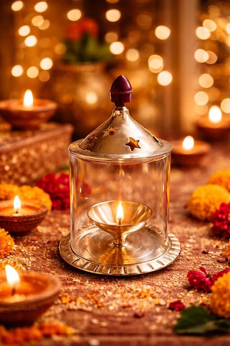Brass and Glass Akhand Diya Puja Oil Lamp